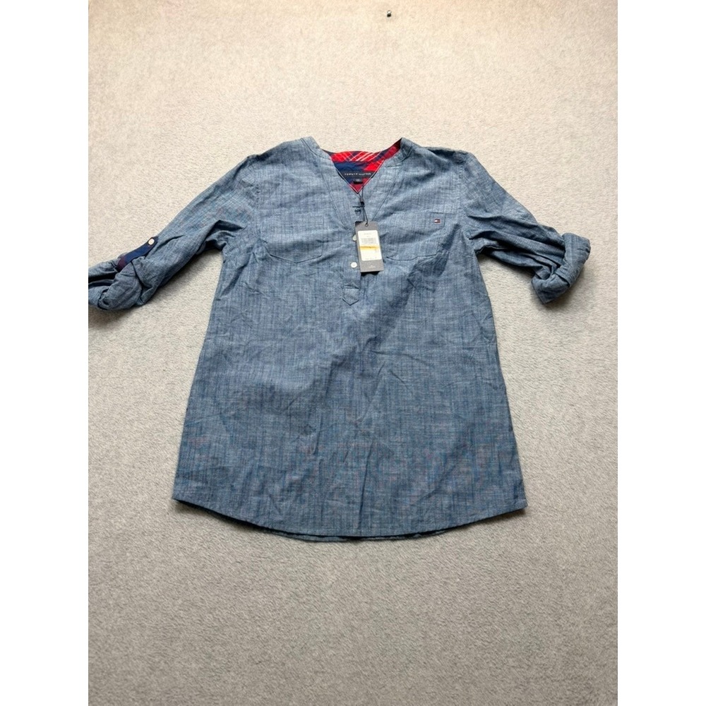 Tommy Hilfiger Womens Blue Chambray Roll Tab Sleeve Tunic Top J81MC521 Size S